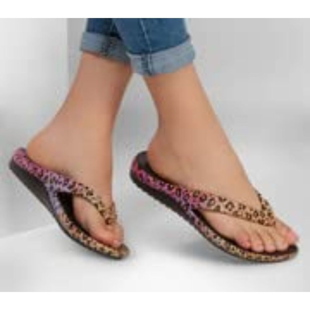 Skechers / Black Foamies Bay Breeze Wild Kitten Cheetah Flip Flops / Boho Styles